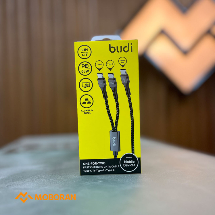 کابل شارژ کنفی یک به دو ‌USB-C به ‌USB-C بودی مدل Budi DC210C2C12B توان 65 وات طول 1.2 متر